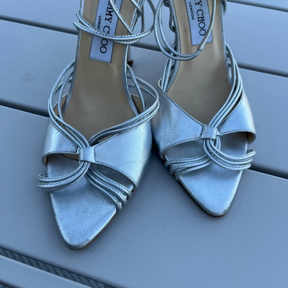 Jimmy Choo Silver Metallic Ankle Strappy Stiletto Heels - Picture 2 of 8